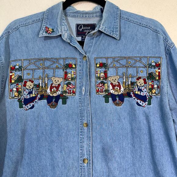 Quizz Again Embroidered Christmas Teddy Bears Long Sleeve Denim VTG Shirt Medium - Picture 6 of 7